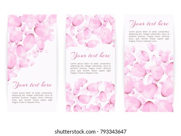 Collection of cute banners with flying petals of a blossoming peach on a white background for a romantic decoration for Valentine's Day