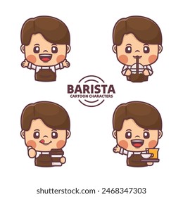 Collection of cute barista cartoon character designs. with different poses and expressions.