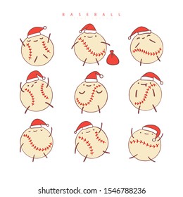 Collection of cute baseball ball for Christmas. Sports balls with Santa Claus hat for the design of flyers, banners, covers. Kawaii style.