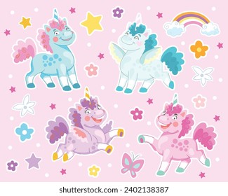 Collection of cute bbody positive unicorns, rainbow, star, flowers, on a pink background stickers pack. Vector illustration in cartoon style for print and decor kids clothes, fabrics, souvenirs