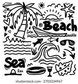 colección de garabatos dibujados a mano temáticos de la playa linda.