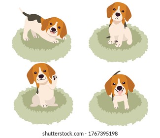 Colección de beagle lindo en la cesta del colchón o cama de perro al estilo vectorial plano. Recurso gráfico sobre el conjunto de perros para gráficos, contenidos, etc.
