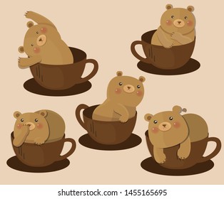 The collection of cute bear characters in different poses in coffee cup.