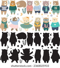 collection of cute bear cubs character, cartoon on white background vector