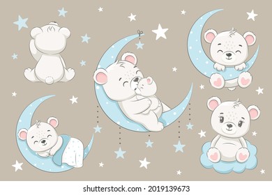 Una colección de osos lindos, durmiendo en la luna, soñando y volando en un sueño en las nubes. Ilustración vectorial de dibujos animados.