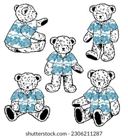 Collection of cute bears wearing Aloha shirts,