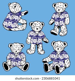 Collection of cute bears wearing Aloha shirts,