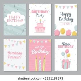 Collection of cute and beautiful birthday card designs with cake, balloons and gifts concept on gray background, suitable for banners and feeds, social media.