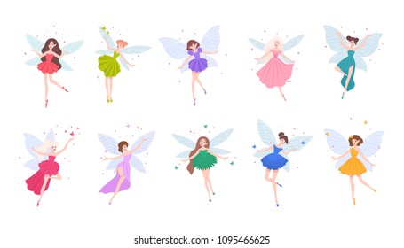 Collection of cute beautiful fairies in various dresses isolated on white background. Set of mythical or folkloric winged magical creatures, flying fairytale characters. Cartoon vector illustration