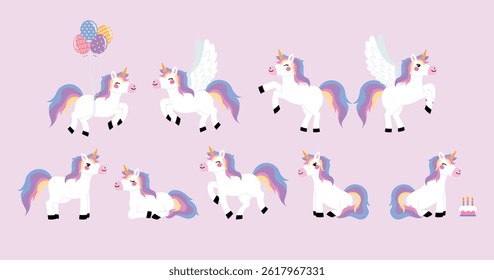 collection of cute beautiful unicorn, happy unicorn with wing, fly, balloon, birthday cake, fairy unicorn character illustration vector