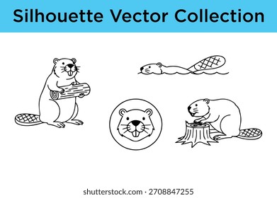 A collection of cute beaver animal vector silhouettes in various poses, perfect for wildlife, nature, and cartoon designs.