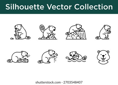 Una colección de lindos iconos vectoriales de silueta de castor que muestran varias actividades como la construcción, la natación y la masticación de madera.