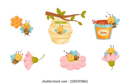 Colección adorables personajes de abejas. Ilustración vectorial del concepto de apicultura y apicultura
