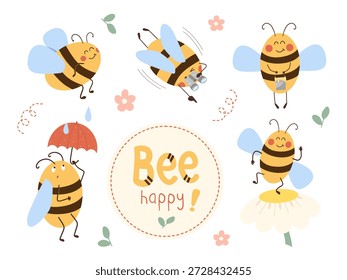 Colección de personajes de abejas lindas en diferentes poses. La abeja sostiene el cubo de miel, la abeja con el paraguas, con los binoculares y el baile en la flor. Ilustraciones divertidas de los niños para la decoración de la guardería, el aprendizaje o la tela