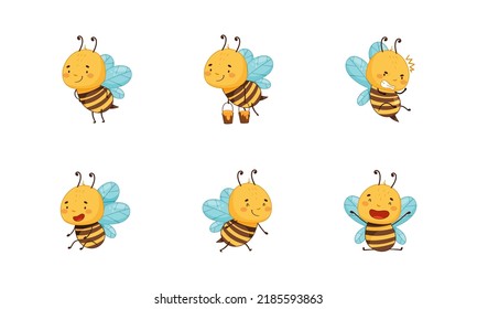 Collection cute bee characters. Funny flying insects in different poses vector illustration