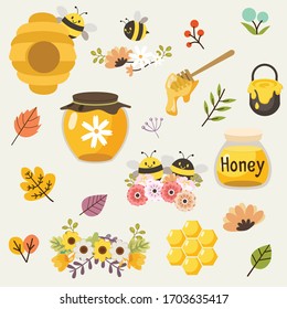 The collection of cute bee and honey and flower and leaf in the pack in flat vector style. set of bee for graphic and etc.