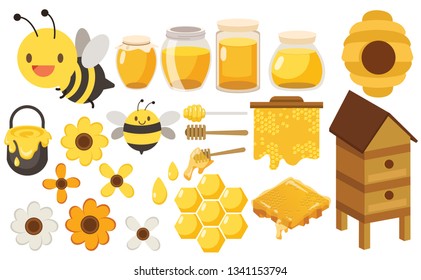 The collection of cute bee , honey , house bee, jar and flower in flat vector style. Graphic resource about bee for background, graphic,content , banner, sticker.