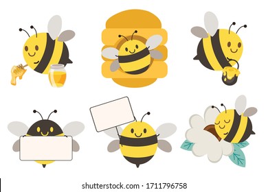 The collection of cute bee with the many action . illustion of doodle bee in flat vector style.