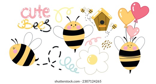 The collection of cute bee with the many action . illustion of doodle bee in flat vector style.
