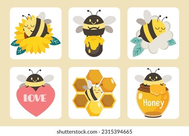 Die Sammlung von süßen Bienen mit den vielen Aktionen. Illustration über Hintergrund, Inhalt, Banner, Aufkleber und Grußkarte.