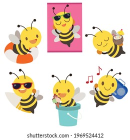 The collection of cute bee in summer time theme. Graphic resource for graphic, content, banner, sticker and greeting card.