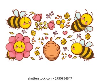 Collection of cute bees with flowers honey and hive 