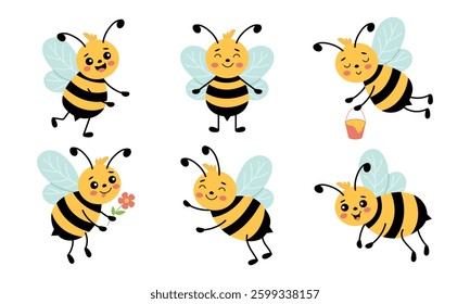 Collection of cute bees flying and collecting honey