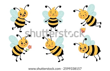 Collection of cute bees flying and collecting honey