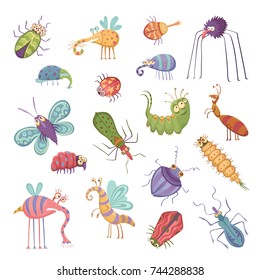 Collection of cute beetles and bugs. Funny cartoon insects on white background.  