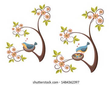 Collection with a cute bird sitting in the nest on the flowering tree and a bird wathing on it`s chickens in the nest on the flowering tree. Vector background.