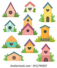 Colección de adorables casas de pájaros. El vector se aísla sobre un fondo blanco en estilo de caricatura.
