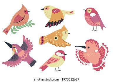 Collection of cute birds isolated on white background. Vector graphics.
