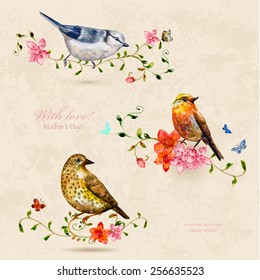 collection of cute birds. watercolor painting