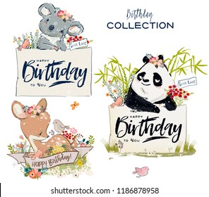 Collection with cute birthday animals with flowers