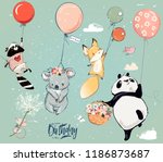 Collection with cute birthday fly animals with balloons