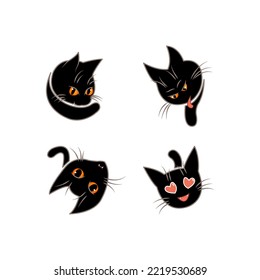 Collection of cute black cats heads in different poses and emotions: lovely, washing, licking, hiding. Set of pet animals icons. Stickers design.