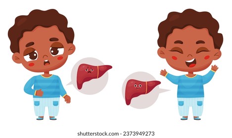 Collection cute black ethnic boy sick and healthy with liver internal organ character. Vector illustration in cartoon style. Kids collection of design and decoration of medical themes.