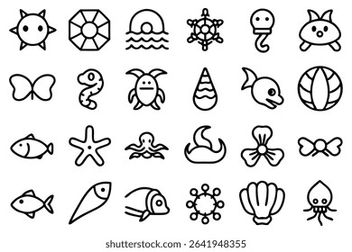 A collection of cute black and white sea creature icons perfect for various design projects and decorations.
