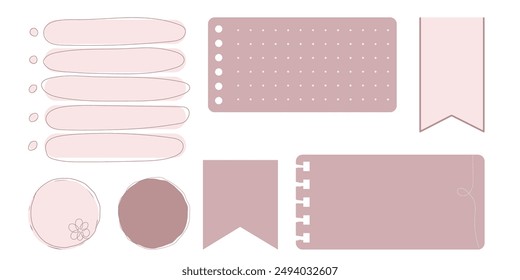 Collection of Cute Blank paper notes for to-do list, Daily and Weekly Planner. Scrapbook Stickers, different pieces of washi tape and bookmarks for scheduler or organizer