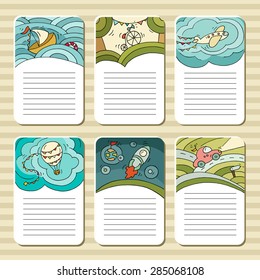 Collection of cute blocks for cards, notes, stickers, tags on travel theme. Template for scrapbooking, wrapping, notebooks, diary, school accessories. Doodle vector with transport for kids.