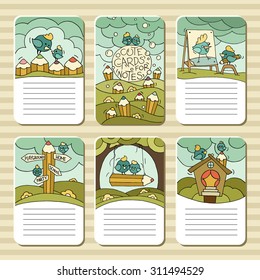 Collection of cute blocks for cards, notes, stickers, tags with birds and pencils. Template for scrapbooking, wrapping, diary, school accessories. Doodle hand-drawn vector with birds for kids.