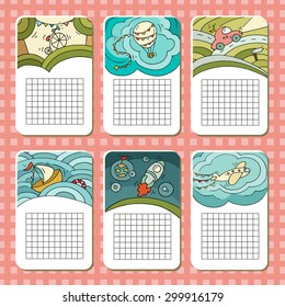Collection of cute blocks for cards, notes,stickers, tags on travel theme.Template for scrapbooking, notebooks, diary, school accessories.Doodle hand-drawn vector illustration with transport for kids.