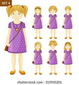 Collection of cute blonde little girls with different hairstyles. Full-length portrait.