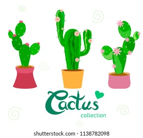collection of cute blooming cacti with lettering