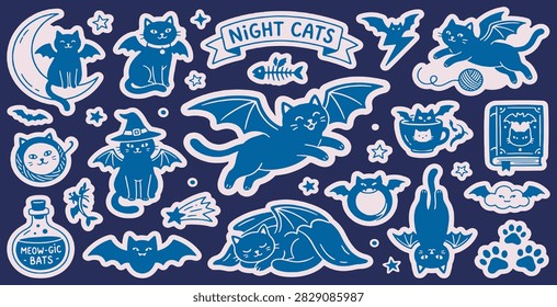 A collection of cute, blue, cartoon-style cat illustrations with a Halloween theme. The cats are depicted with bat wings, some flying, some sleeping, and one wearing a witch hat. Other elements include a crescent moon, stars, a lightning bolt, a potion bottle, and a book.
