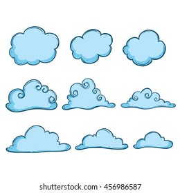 Collection of cute blue clouds using doodle art