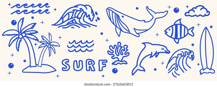 Collection of cute blue line art beach and ocean icons, featuring marine animals, tropical plants, and surfing gear, isolated on a light background.