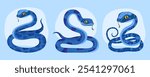 Collection of cute blue snakes on light blue background. Reptile, animal, zodiac cartoon character, mascot, symbol of the year. Curved spotted snakes. New Year of the Snake.