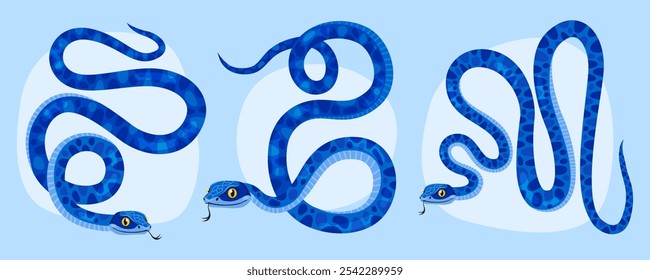 Collection of cute blue snakes on light blue background. Reptile, animal, zodiac cartoon character, mascot, symbol of the year. Curved spotted snakes. New Year of the Snake.