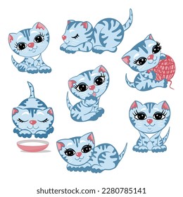 A collection of cute blue tabby kittens, a set of striped blue cat stickers, seven kittens, various poses of a playful kitty